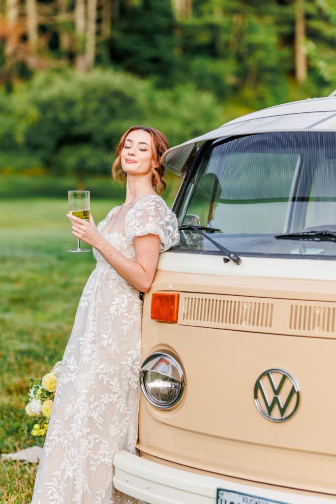 Bride in front of photo bus,