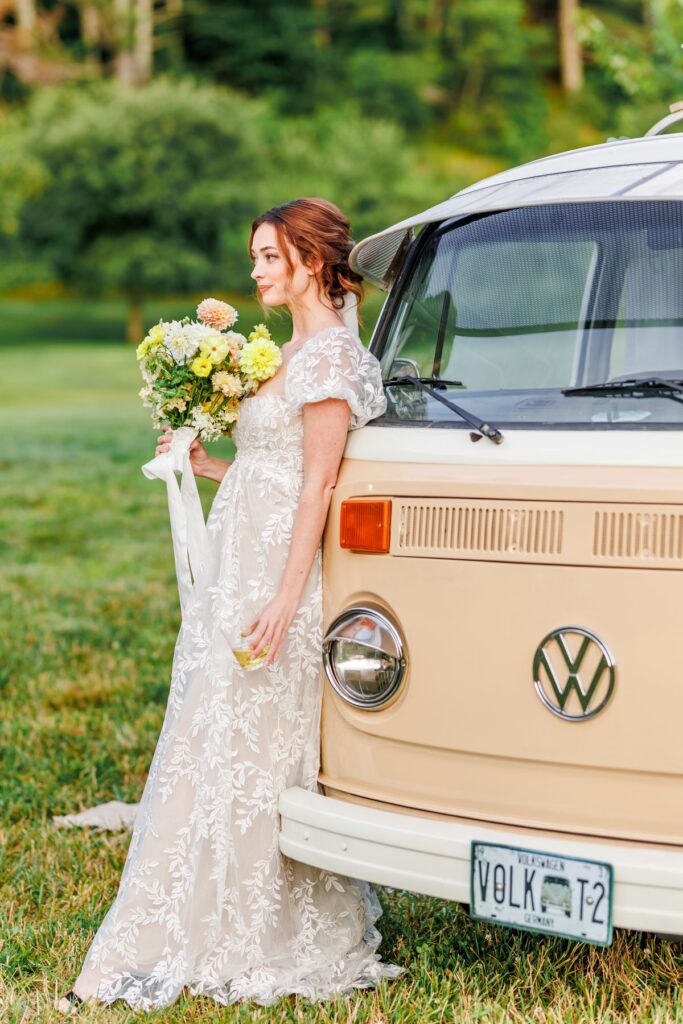 Bride in front of photo bus